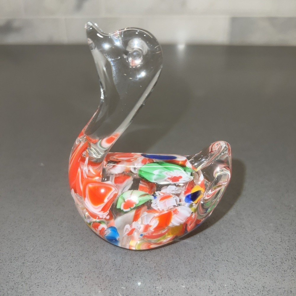 Duck Bird Figurine Murano Glass Style Art Glass Hand Blown Millefiori Look